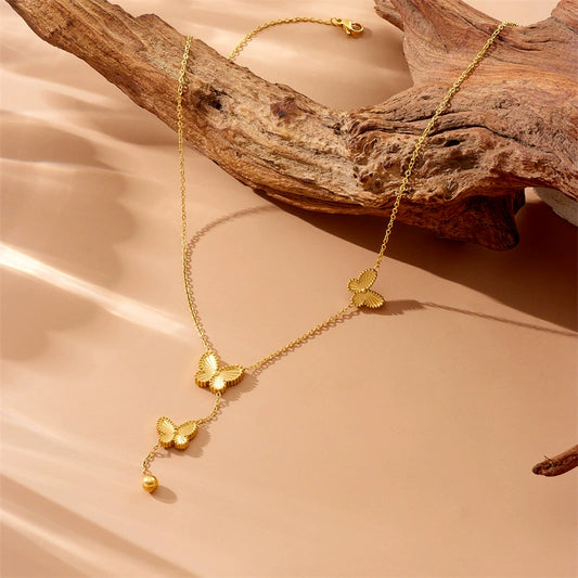 Double Sided Butterfly Flower Steel Ball Tassel Necklace In Fashion Style Made Of Stainless Steel With Electroplating Treatment For Women