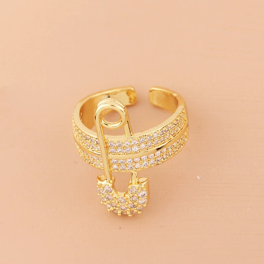 Elegant Pin Design Women's Punk Geometric Ring Copper Plated Real Gold Micropaved Zircon Letter Ring