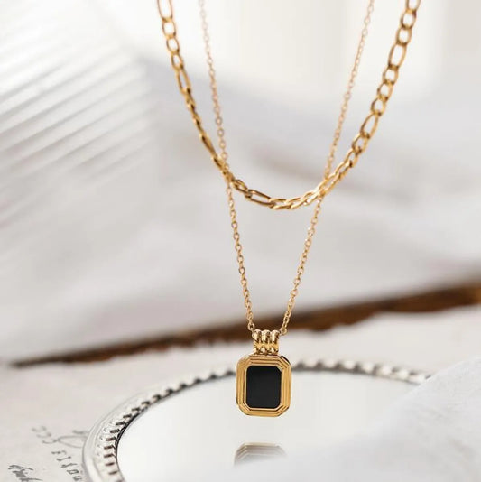 Fashion Black Square Double Layered Stainless Steel Necklace Wholesale