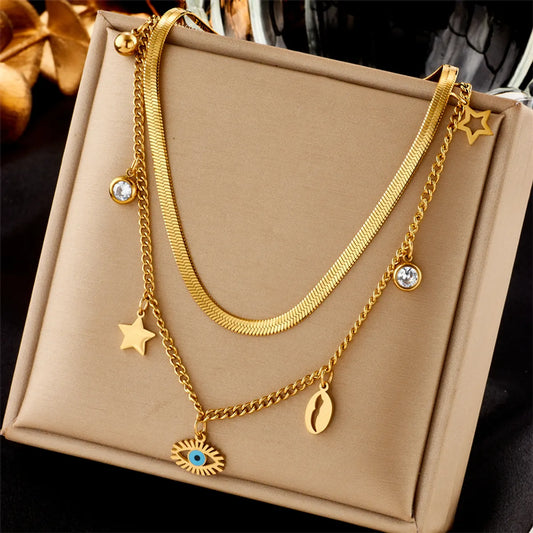 Fashion Devil's Eye Stainless Steel Plating Rhinestones Layered Necklaces