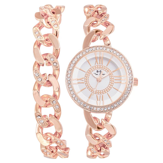 Fashion Metal Women's Diamondencrusted Quartz Watch Set With Bracelet And Round Dial