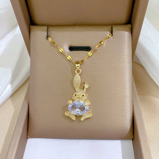 Fashion Rabbit Stainless Steel Copper Inlay Rhinestones Pendant Necklace