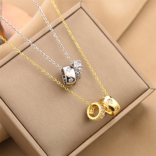 Fashion Round Stainless Steel Inlay Rhinestones Necklace 1 Piece