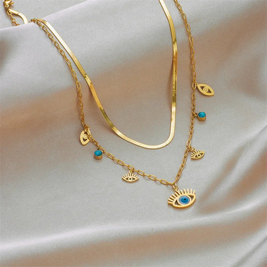 Fashion Sun Eye Stainless Steel Plating Inlay Turquoise Layered Necklaces
