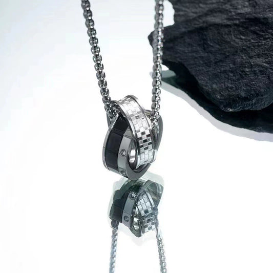 Fashion Unisex Geometric Stainless Steel Double Ring Crystal Necklace With Electroplating Treatment