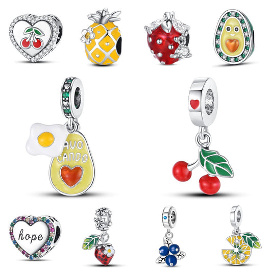 Fruit Series Avocado Cherry Pendant Diy Bead Bracelet White Copper Silver Plated Dripping Oil