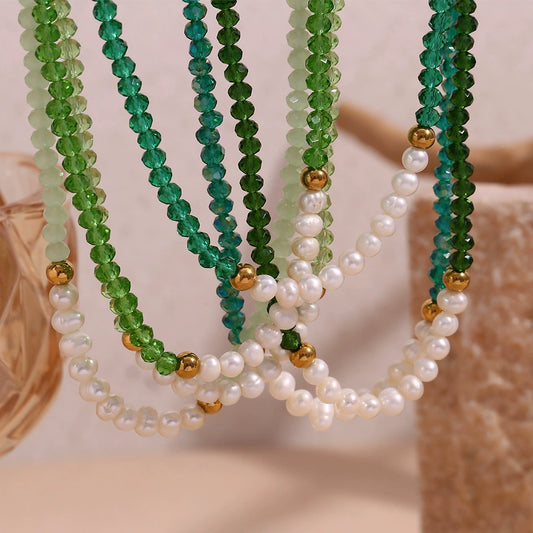 Handmade Stainless Steel And Fresh Water Pearl Necklace With Geometric Green Cut Crystal Pendant Electroplated For Women