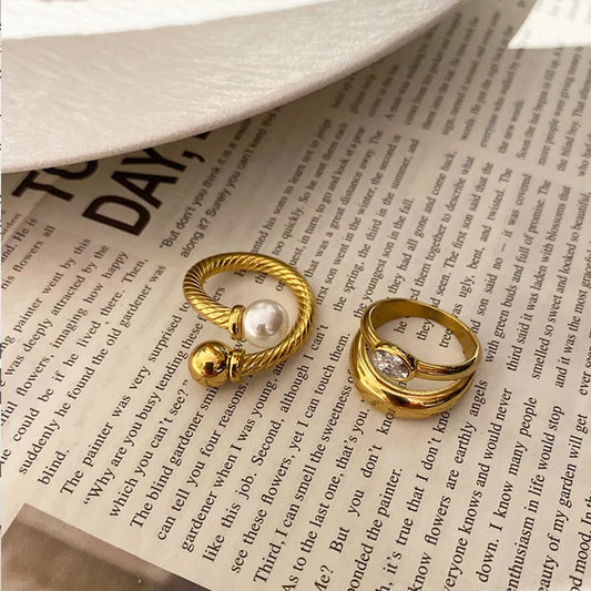 Ig Style Geometric Stainless Steel Pearl Plating Zircon Rings