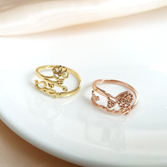 Custom Birth Flower Name Ring,Personalized Name Ring,Adjustable Ring,Birth Month Flower Ring,Custom Floral Ring, Birthday Gift,Gift for Her
