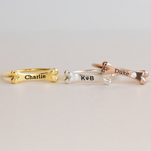 Custom Dog Bone Charm Ring by Caitlyn Minimalist • Engraved Pet Name Memorial Ring with Dainty Gemstone • Pet Lover Gift