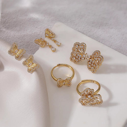 Jewelry Copper Inlaid Zircon Bow Light Luxury Earrings Ring Necklace Bracelet Set