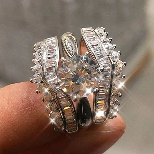 Jewelry Copper Ring Set With Geometric Pattern And Zircon For Couple