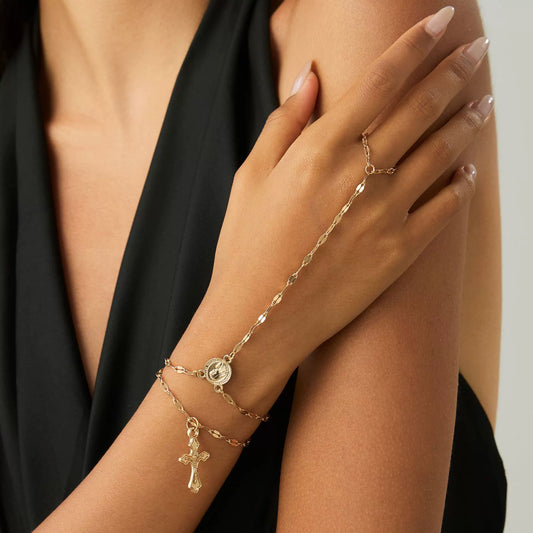 Jewelry Metal Copper Chain Alloy Geometric Finger Bracelet For Women With Electroplating And Cross Pendant Simple Style
