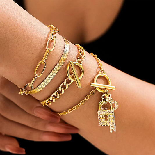 Jewelry Retro Fashion Metal Snake Bone Chain Bracelet With Lockshaped Key And Geometric Pattern Iron Chain Copper Chain Alloy Rhinestone Electroplated