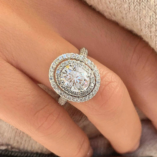 Jewelry Women's Copper Oval Zircon Rings With Geometric Style And Fully Inlaid Treatment