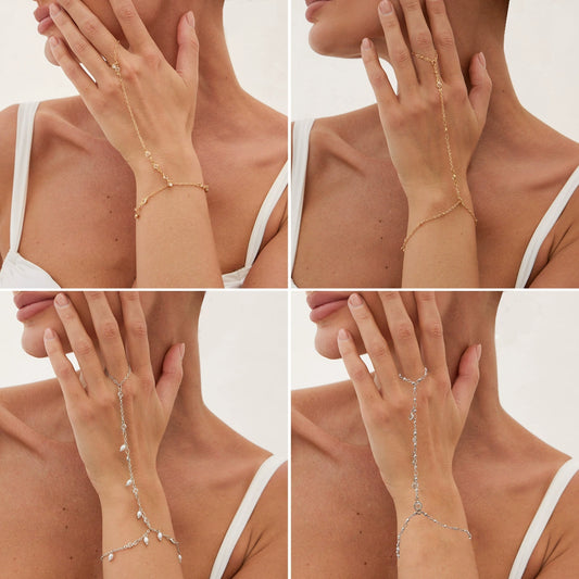 Jewelry Women's Geometric Crystal Pearl Beaded Copper Chain Finger Bracelet With Electroplating