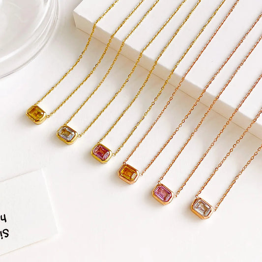 Korean Style Square Stainless Steel Inlay Zircon Necklace