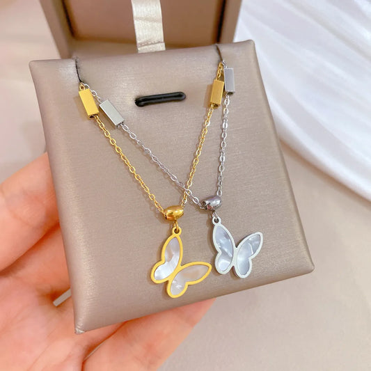 Lady Butterfly Stainless Steel Plating Inlay Shell Pendant Necklace