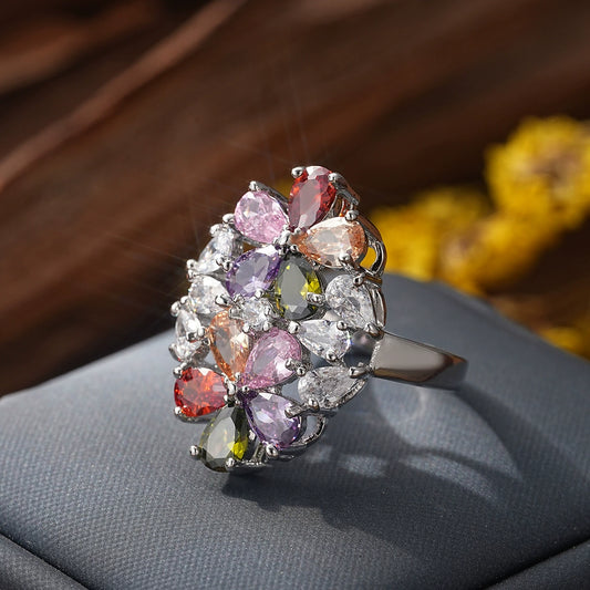 Light Luxury Colorful Zirconium Flowershaped Copper Ring For Women With Electroplating Treatment