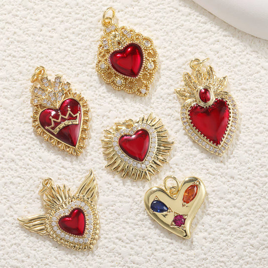 Light Luxury Copper Goldplated Zircon Heartshaped Pendant Accessory With Dripping Oil Design And Eight Eyes Pattern For Diy Bracelet Charm Or Christmas Ornament