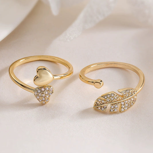 Light Luxury Copper Plated 18K Gold Zircon Love Leaf Opening Ring For Women With Geometric Pattern