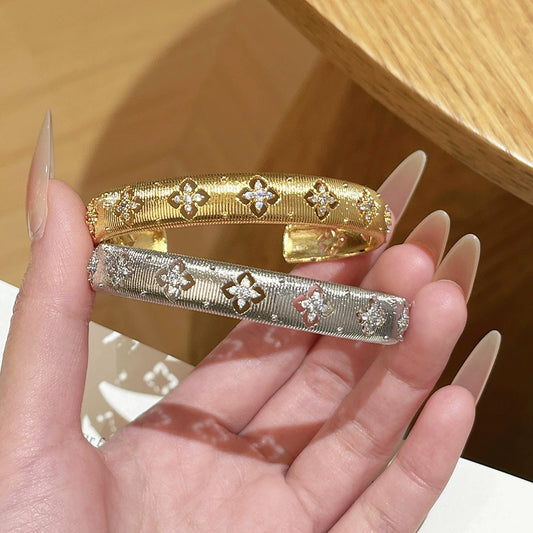 Light Luxury Gold Plated Copper Diamondshaped Flower Zircon Brushed Finish Hollow Bracelet