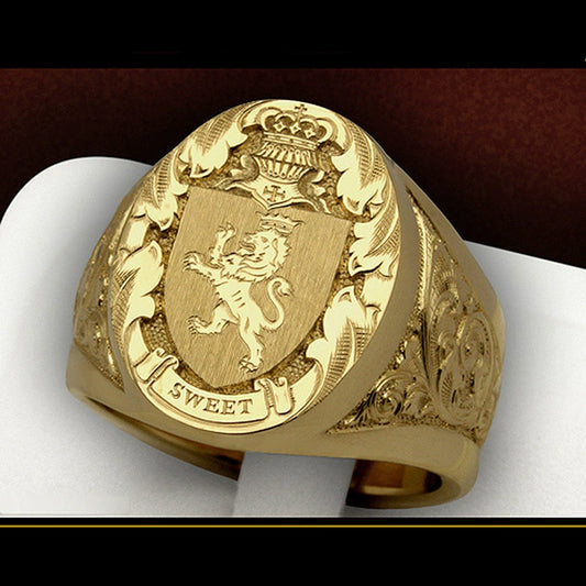 Men's Copper Plated Gold Ring With Lion Shield Badge Sculpture And Animal Zodiac Pattern