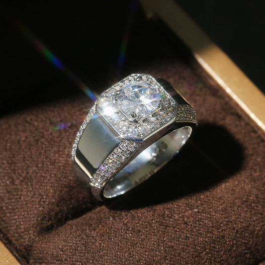Men's Copper Silver Plated Ring With Geometric Pattern And Simulation Zircon