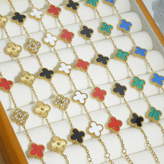 Mother Shell Titanium Steel 18K Gold Plated Elegant Lady Plating Four Leaf Clover Bracelets Necklace