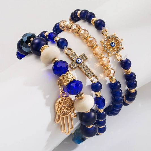 Pendant Bracelet Set Copper Handmade Bohemian Cross Devil's Eye Glass Beads Multilayer Stacking Style