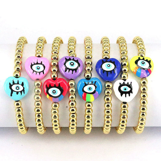 Plastic Woven Bracelet With Copper Beads Gold Plated Love Shape Geometric Pattern For Women