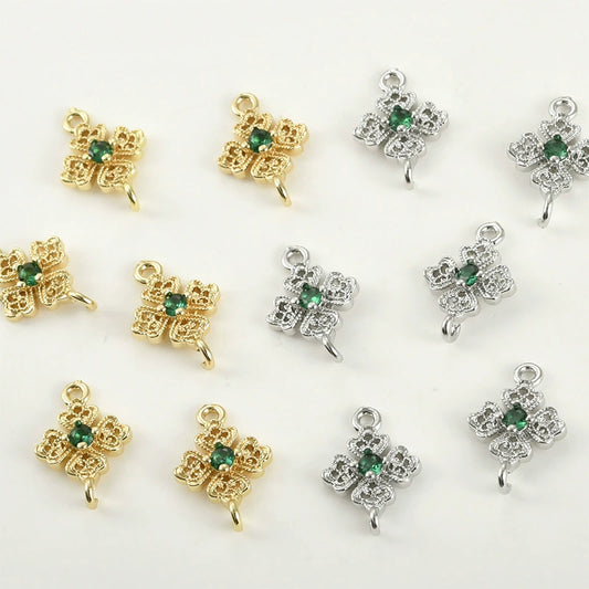 Pocket Green Zirconium Double Hanging Four Leaf Flower Pendant Diy Hand Beaded Copper Electroplated Bracelet Necklace Connection Accessories