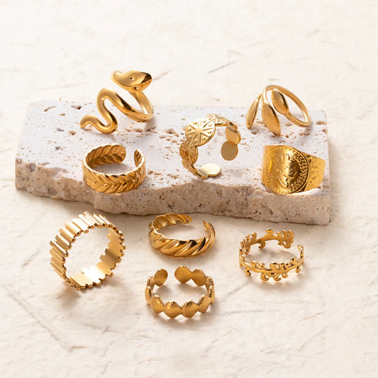 Retro Leaf Solid Color Snake Stainless Steel Plating 18k Gold Plated Open Ring