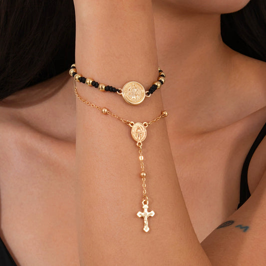 Retro Metal Geometric Hiphop Bracelet With Cross Tassel Coin Chain Jade Wire Copperclad Iron Chain Alloy Electroplated