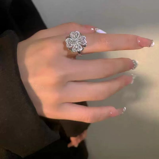 Rotating Adjustable Opening Anxiety Relief Fourleaf Clover Zircon Women's Copper Ring