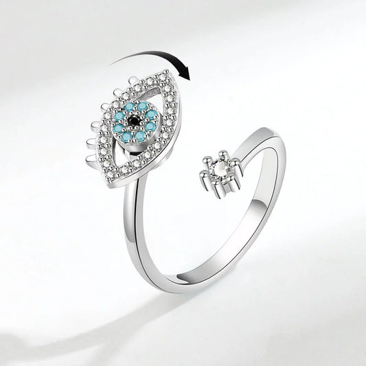 Silver And Copper Opening Adjustable Evil Eye Ring With Electroplating For Women