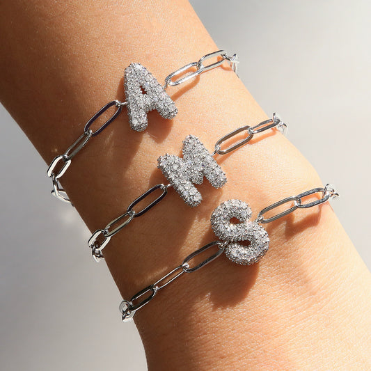 Silver Zircon Bubble Pclip Chain Adjustable Women's Bracelet Copper With Letters Numbers Text Electroplating