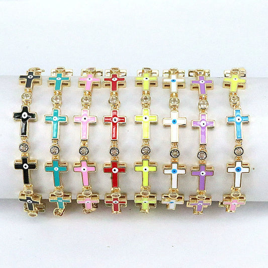 Simple Colorful Oil Dripping Evil Eye Geometric Bracelet For Women Copper Zircon Enamel Electroplated