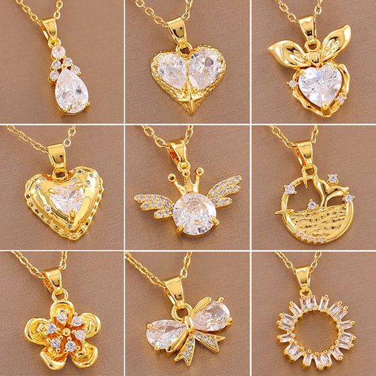 Stainless Steel Stainless Steel 18K Gold Plated Simple Style Plating Inlay Circle Heart Shape Flower Zircon Pendant Necklace