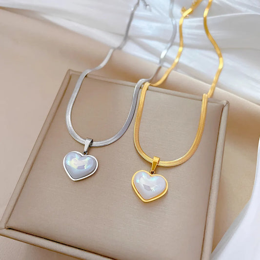 Simple Style Classic Style Heart Shape Stainless Steel Inlay Shell Pendant Necklace
