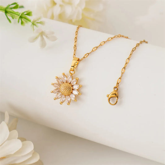 Simple Style Flower Stainless Steel Stainless Steel Plating Inlay Zircon 18k Gold Plated Pendant Necklace