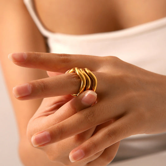Stainless Steel Gold Plated Geometric Wave Shaped Women's Ring