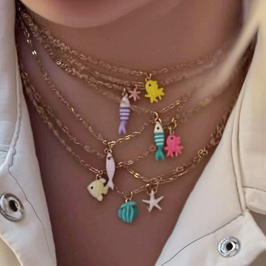 Stainless Steel Handmade Ocean Element Starfish Pendant Necklace With Electroplating For Women
