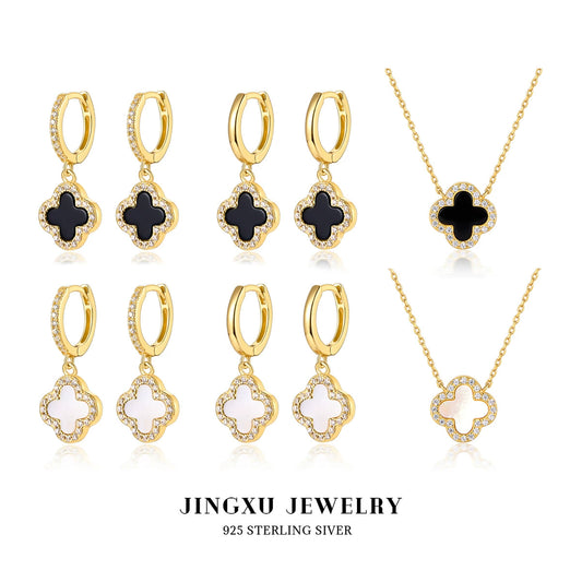 925 Sterling Silver Fourleaf Clover Necklace And Earrings Set Inlaid With Black Agate And Shell Marine Life Pattern Inlay Processing For Women