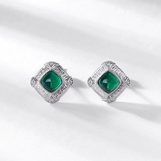 Stud Earrings S925 Silver Inlaid Colorful Treasure Retro Geometric Craft Cultivation