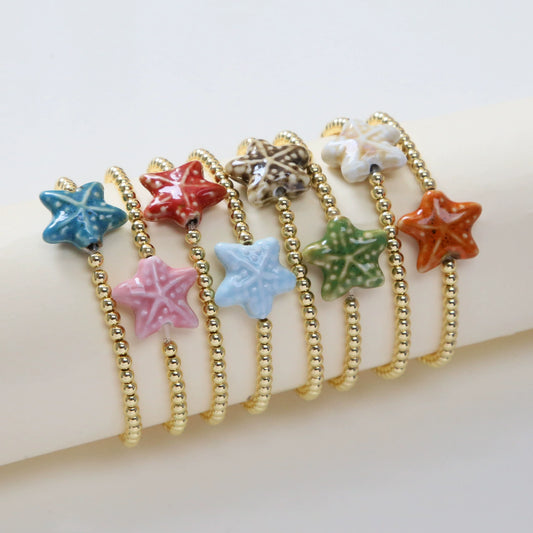 Summer Beach Style Ceramic Glazed Copper Bead Bracelet With Starfish And Animal Zodiac Pattern Electroplated