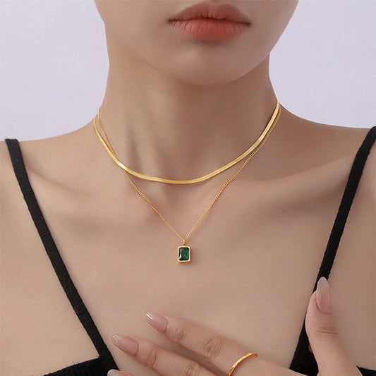 Sweet Square Stainless Steel Plating Inlay Artificial Gemstones 18k Gold Plated Layered Necklaces
