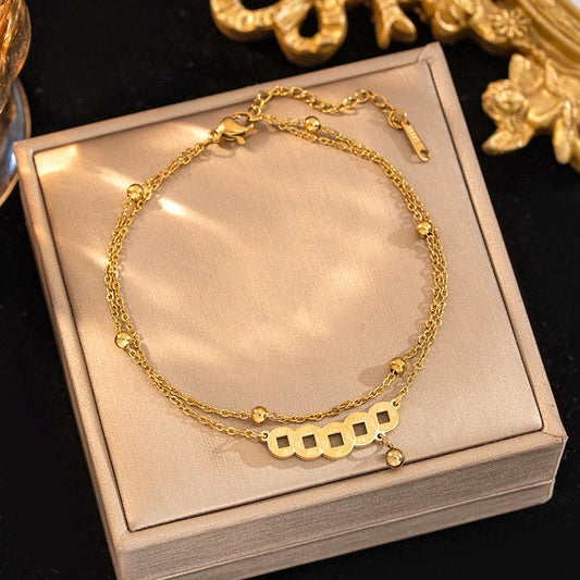 Titanium Steel Five Emperors Copper Coin Doublelayer Beanie Chain Bracelet Light Luxury Electroplated Jewelry For Women
