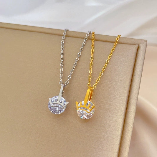 Stainless Steel Geometric Crown Zircon Electroplated Unisex Necklace