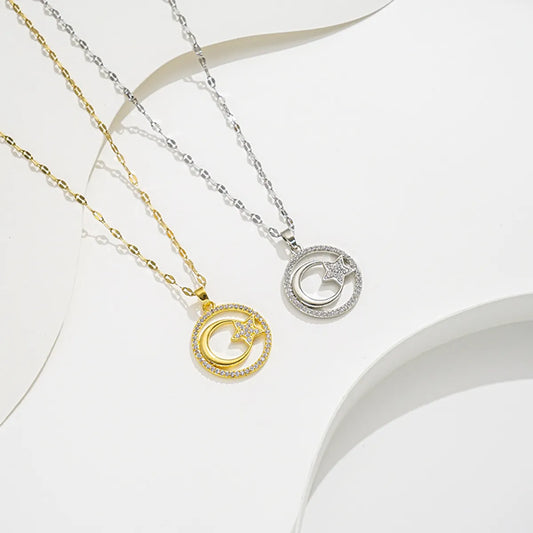 Stainless Steel Simple Style Star Moon Inlay Zircon Pendant Necklace